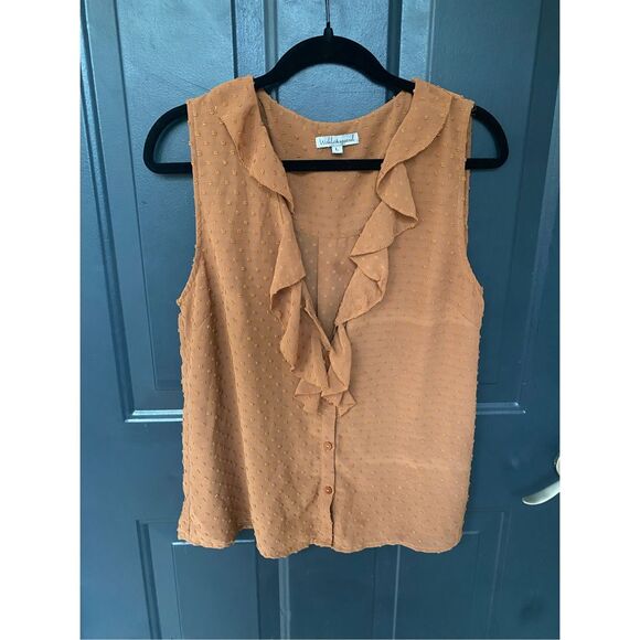 Wishlist Apparel Ruffle Burnt Orange Dot Button Sleeveless Blouse, Size Large - Picture 10 of 15